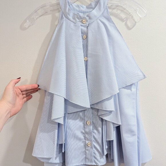 CAROLINE CONSTAS Like New Adrie Striped Ruffle Blouse L Blue White Sleeveless - Picture 6 of 14